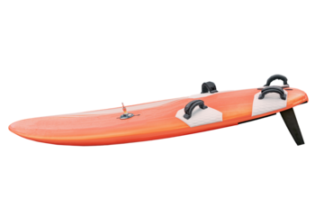 Isolated windsurf board with foot straps and fin, representing water sports, summer vacations, and active lifestyles
