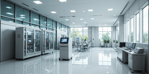 Biopharmaceutical production facility with advanced robotics, sterile environment, and bright lighting for the precise production of life-saving medicines.