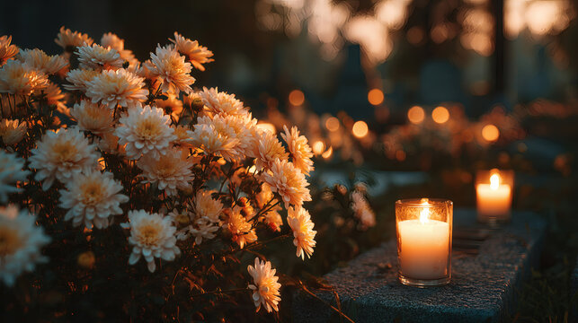 Memorial candles and flowers at sunset grave site