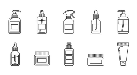 Set of thin line icons for cosmetic bottles, including pump dispensers, spray bottles, dropper bottles, jars, and tubes, perfect for web, apps, and print. Editable stroke vector illustration on a
