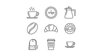 A collection of thin line icons representing a coffee break, featuring a steaming coffee cup, a clock showing 10:00, a coffee pot, a coffee bean, a croissant, a frosted donut, a tea bag, a takeout