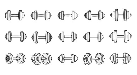 Collection of various dumbbell icons and illustrations, including adjustable and fixed weight dumbbells, presented in a clean, editable stroke style. Perfect for fitness graphics, design elements