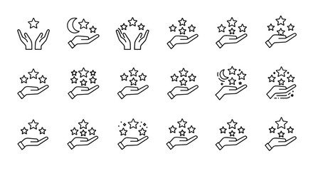 Collection of outline linear symbols featuring hands holding stars and a crescent moon, representing concepts like rating, success, dreams, and achievements. Ideal for graphic design, web, apps, and