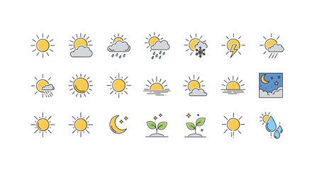 Vibrant collection of thin line icons symbolizing nature and weather, featuring the sun in various conditions like clear skies, rain, clouds, thunderstorms, and snow, alongside moonlit nights