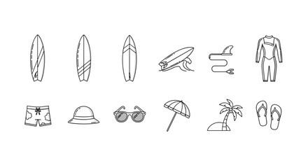 Collection of line art icons representing surfing and beach activities, including surfboards, waves, wetsuit, shorts, hat, sunglasses, beach umbrella, palm tree island, and flip-flops, perfect for