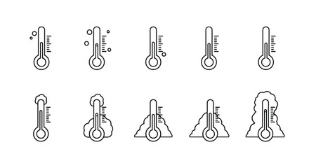 Set of minimalistic outline thermometer icons representing various temperature conditions, including cold, hot, and boiling, suitable for web, graphic design, apps, banners, social networks, and