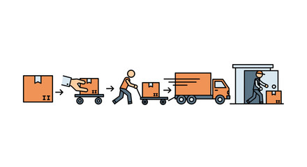 Linear vector cartoon illustration depicting the step-by-step process of transporting boxes, from initial handling and loading onto a trolley, to moving the trolley towards a truck, and finally a