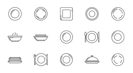 A collection of minimalistic line icons representing various plates, bowls, and cutlery, perfect for web design, graphic design, app interfaces, banners, social networks, and greeting cards, offering