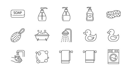 A clean and modern line icon pack featuring essential bathroom and hygiene elements, including soap, lotion dispensers, a sponge, a scrubbing brush, a bathtub with bubbles, a shower, rubber ducks, a