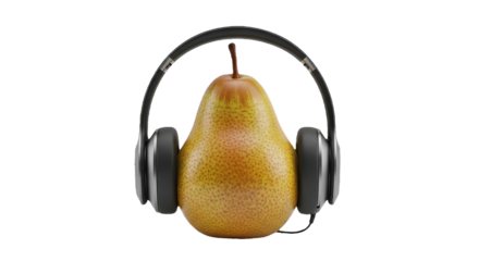 Pear Wearing Headphones On Transparent Background For Music, Audio, Health, And Snack Concept Photo Stock