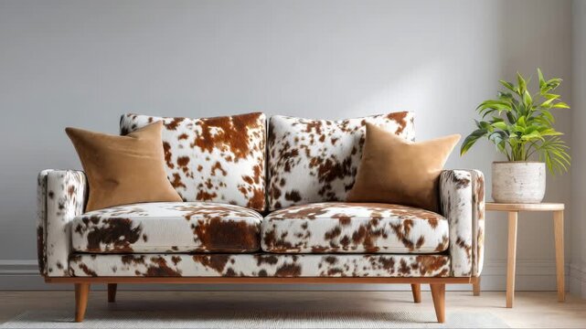 Stylish sofa with cowhide pattern and decorative cushions, showcasing modern interior design, camera pans to capture the inviting atmosphere and elegant details