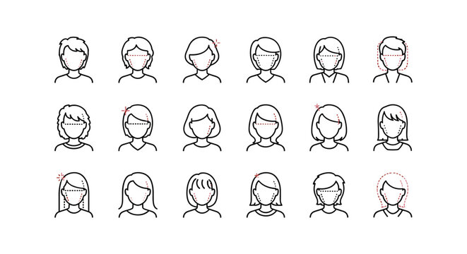 Collection of diverse avatar face shape icons, meticulously outlined for clarity and versatility, presented on a clean white background, ideal for digital design and user interface applications