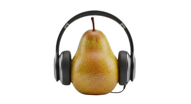 Pear Wearing Headphones On Transparent Background For Music, Audio, Health, And Snack Concept Photo Stock