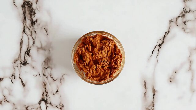 Overhead Shot of Textured Refried Beans in a Glass Bowl on Elegant Marble Countertop.