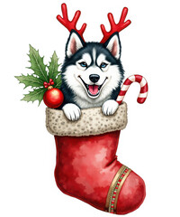 Happy husky dog wearing reindeer antlers peeking out of a christmas stocking with candy cane and holly isolated on transparent background