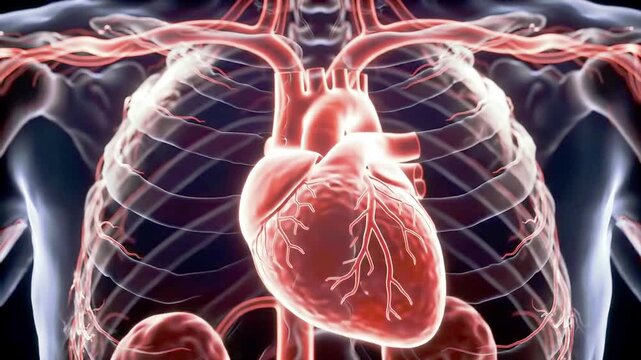 Anatomical View Showcasing The Human Heart And Rib Cage With Visible Blood Vessels System Clearly