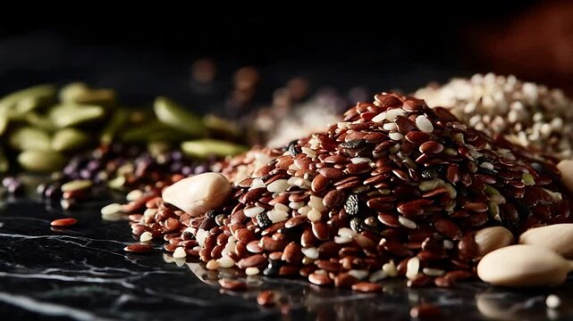 Macro shot of assorted wholesome flax seeds, pumpkin seeds, and nuts for wellness.