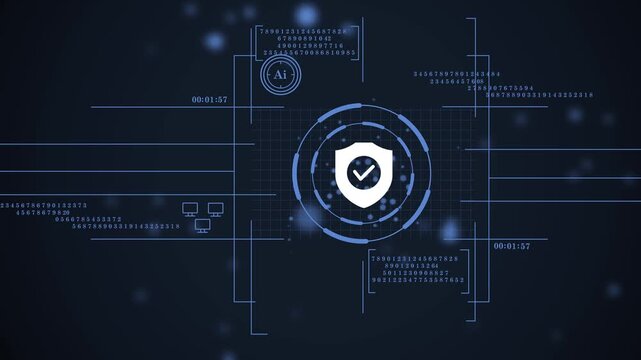sci-fi background with a glowing shield & successful verification. animated security shield with a checkmark on a futuristic cyan hud. cybersecurity hud with a cyan shield and a checkmark animation.