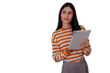 Young woman confidently holding tablet, smiling and looking away, with transparent background for easy compositing