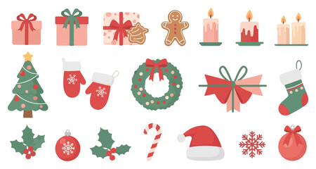 A collection of various festive Christmas holiday elements and decorations including gifts, a tree, candles, gingerbread man, mittens, wreath, holly, and ornaments.