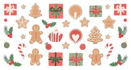 A festive collection of various Christmas holiday elements including gingerbread cookies, gift boxes, and candy canes.