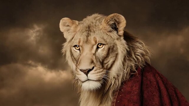 Majestic Lion Portrait in Regal Red Robe Staring Powerfully Against Dark Sky.