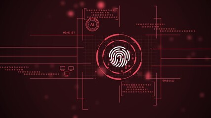 sci-fi background with a glowing fingerprint scanner & data codes. cybersecurity hud with fingerprint scan & ai processing animation. digital security interface with biometric data & network analysis. - Powered by Adobe
