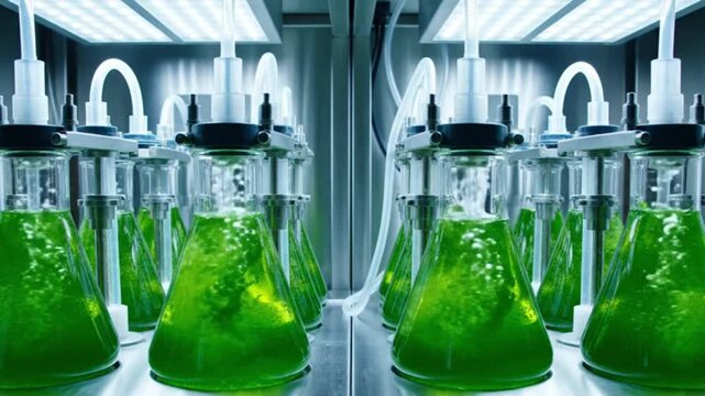 Symmetrical Microalgae Flasks with Peristaltic Pumps &mdash; Glowing Green Suspension, Controlled Lighting, Flawless Cinematic Clarity