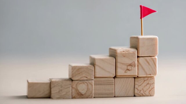 Wooden blocks stacked in a staircase shape with red flag symbolizing progress