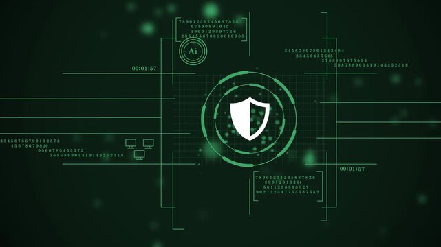 cybersecurity hud with a green shield and ai processing animation. futuristic cybersecurity defense and threat detection. futuristic user interface for system protection and security status. 