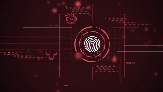 sci-fi background with a glowing fingerprint scanner & data codes. cybersecurity hud with fingerprint scan & ai processing animation. digital security interface with biometric data & network analysis. - Powered by Adobe
