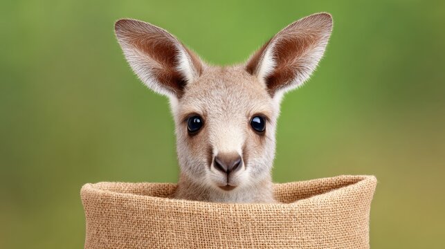Young kangaroo peeking out of a burlap sack with a soft green background showcasing innocence and curiosity