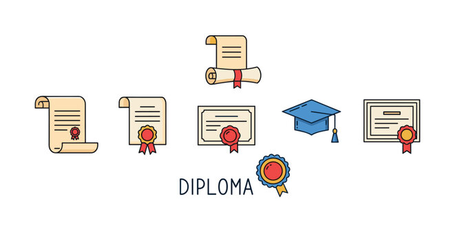 Set of minimalistic linear pictograms representing diplomas, certificates, and graduation caps in filled color style. These icons are perfect for web design, graphic design, mobile applications
