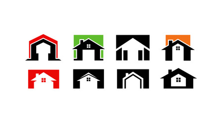 Collection of eight modern house logos in negative space style, featuring simple geometric shapes and vibrant color backgrounds like red, green, and orange, perfect for real estate or architectural