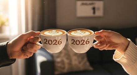 Cheers to 2026 with elegant latte art for a cozy New Year's celebration concept