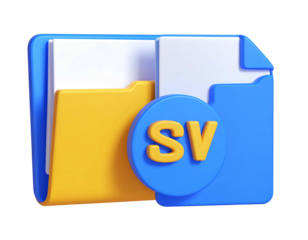 3D render of a yellow folder and blue document icon with "SV" inside a circle on a dark background