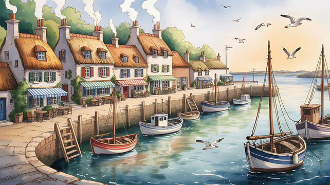 Watercolor painting of a quaint harbor village with thatched roof cottages and boats - Powered by Adobe
