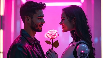 Man giving a glowing holographic rose to his woman AI robot partner under neon pink light - Powered by Adobe