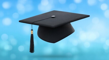 Black Graduation Cap on Blurred Blue Background with Bokeh Effect for Educational Achievement Themes