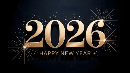 Golden 2026 happy new year text with sparkling fireworks and confetti on a dark background, celebrating the upcoming year