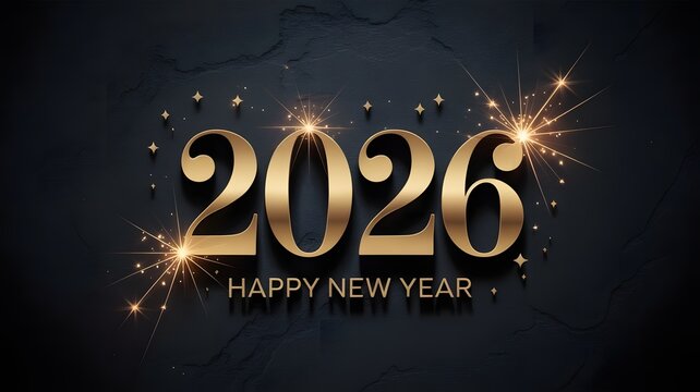 Golden 2026 happy new year text with sparkling fireworks and stars on a dark textured background, celebrating the upcoming year
