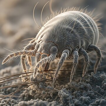 Detailed Microscopic View of a Dust Mite on a Textured Surface.
