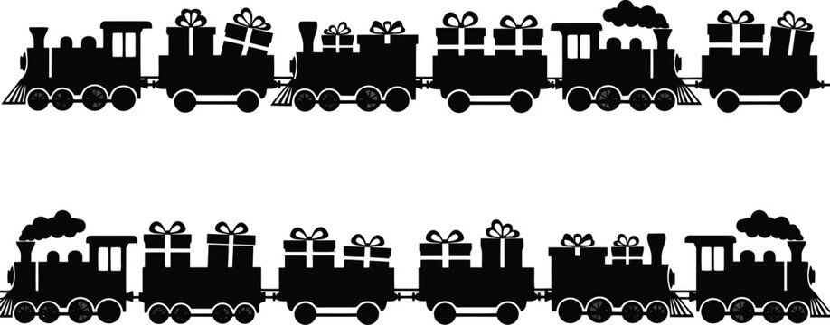 Christmas toy train seamless pattern: black silhouette, steam engine carrying gift boxes.