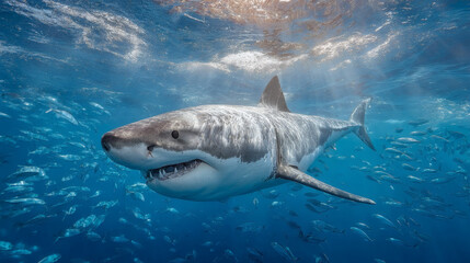 Great white shark surrounded by other sharks in ocean depths