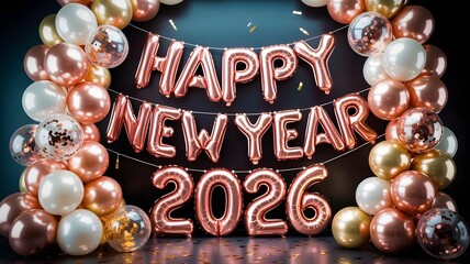 Happy new year 2026 celebration with rose gold balloons and confetti, festive holiday background