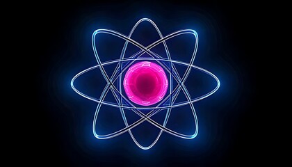 Abstract glowing atomic structure with nucleus and orbiting electrons
