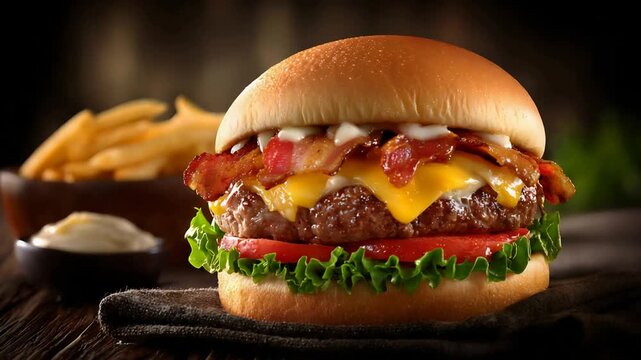 Mouthwatering Bacon Cheeseburger with Golden Fries Ready to Be Enjoyed in a Cozy Restaurant.