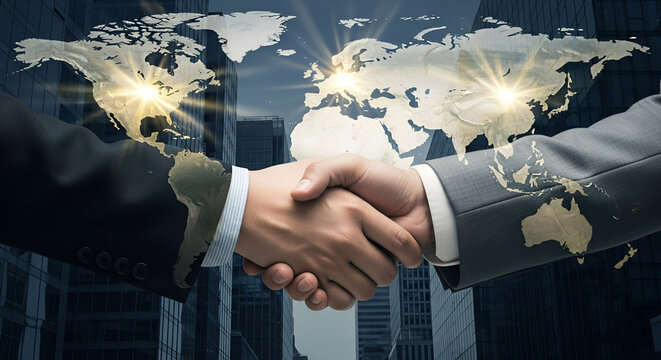 International Business Partnership Handshake over World Map