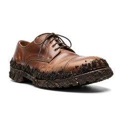 Close Up of a Muddy Brown Leather Oxford Shoe on a White Background.