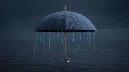 Digital Rain Under Umbrella in Ocean at Night with Dark Clouds and Futuristic Elements